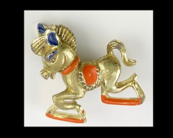 Cute ROCKING HORSE  Orange Enameled  on Gold-Tone Metal  Pin Vintage