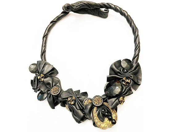 Handcrafted Statement Choker Necklace Buttons/Fabric Contemporary Artisan Creation