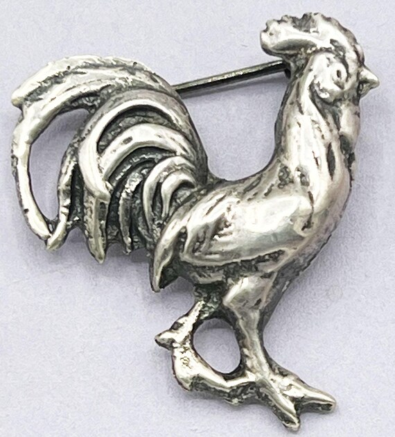 Rooster Vintage Solid Silver Rooster Brooch - Mid… - image 7