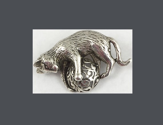 Sterling Cat  Pin Brooch Playing with Ball Signed… - image 1