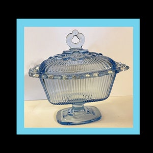 Blue Candy Dish Pressed Glass with Lid, Pedestal Base, Fancy