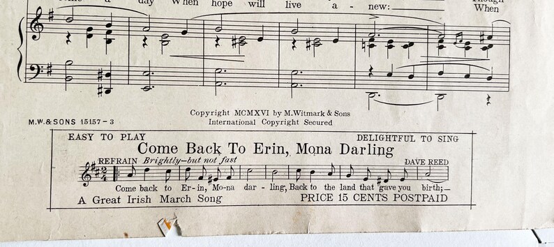May include: A vintage sheet music cover for the song "Come Back To Erin, Mona Darling" by Dave Reed. The cover features a black and white illustration of musical notes and a title card with the song title and composer's name.