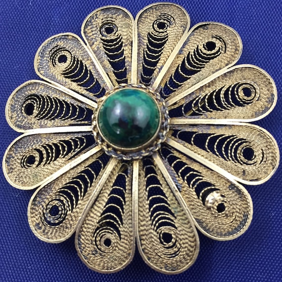 Vintage silver tone filigree cabochon brooch gift for her vintage jewellery
