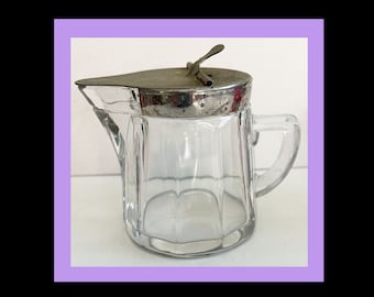 Pitcher Syrup Pressed Glass Vintage/Antique. Hinged Tin Lid