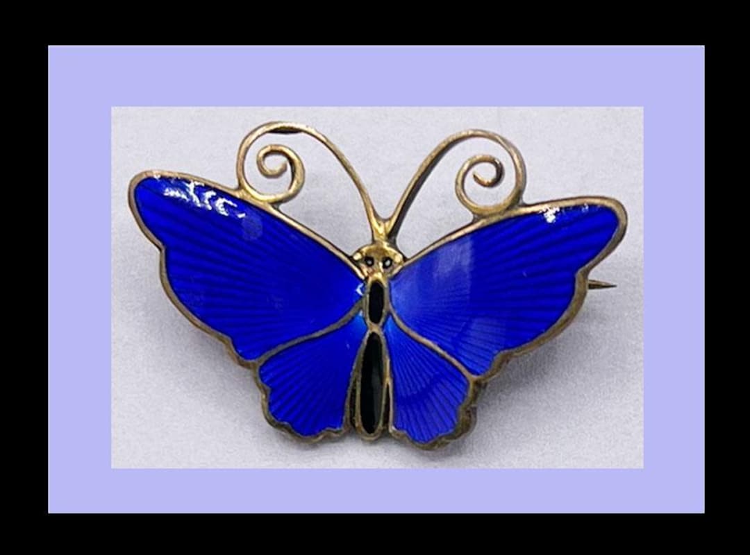 David-andersen Blue Enamel Butterfly Brooch - Norway - Guilloche