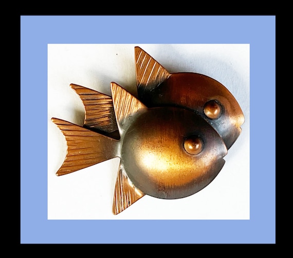 Rebajes Vintage Signed Double Fish Copper Brooch - image 1