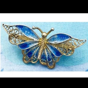Vintage Petite 800 Silver Blue Enamel  Filigree Butterfly Brooch