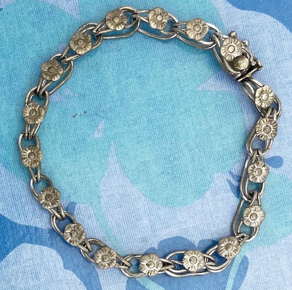 Silver Floral Charm Link Bracelet Signed "Sterlin… - image 8