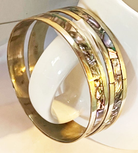 Two Silver and Abalone shell matching Bangle Brac… - image 4