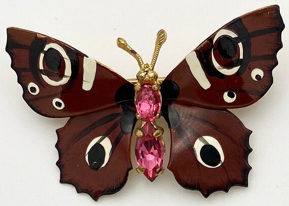 Butterfly Brooch Czech Enameling & Rhinestones. V… - image 2