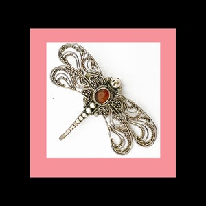 Vintage Dragon Fly Sterling Silver Brooch with red stone, 2 inches