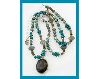 Labradorite Pendant on Hand Beaded Necklace of Turquoise, Labradorite Beads