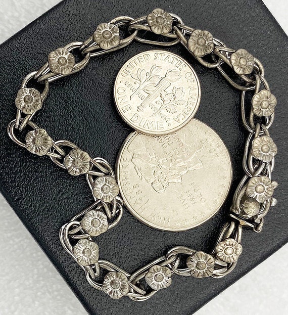 Silver Floral Charm Link Bracelet Signed "Sterlin… - image 4