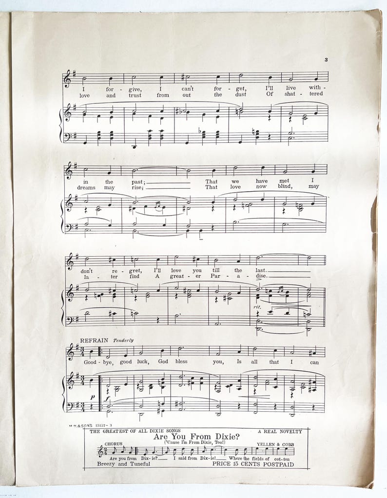 May include: A vintage sheet music score for the song "Are You From Dixie?" by Yellen & Cobb. The sheet music features a piano score with lyrics and a title page with the song title and composer information. The sheet music is printed on aged paper with a yellowed hue.