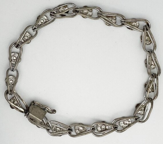 Silver Floral Charm Link Bracelet Signed "Sterlin… - image 7