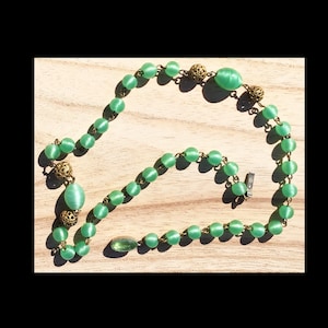 Necklace Antique Czechoslovakia  Hallmarked Green bead  Brass  Rhinestone Clasp