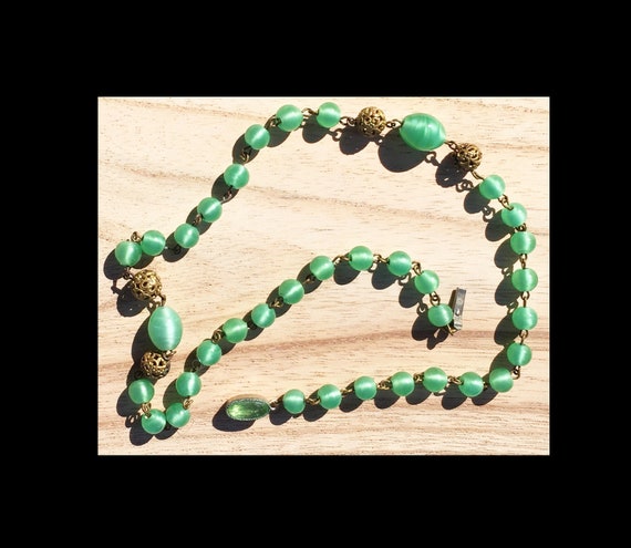 Necklace Antique Czechoslovakia  Hallmarked Green Glass Beads -  Brass  Rhinestone Clasp