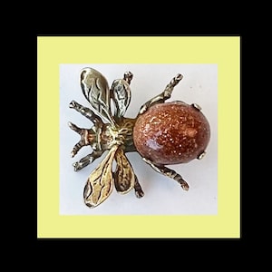 Cini Bee Brooch Sterling Silver, Goldstone Body, Signed