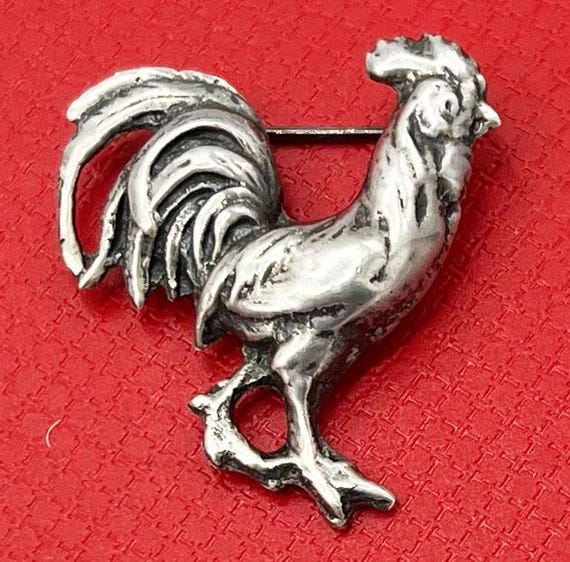Rooster Vintage Solid Silver Rooster Brooch - Mid… - image 8