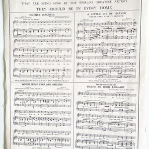 May include: A vintage sheet music book with a black and white cover featuring the title "Beautiful Irish Ballads". The cover also includes the text "That are being sung by the world's greatest artists. They should be in every home." The sheet music includes four songs: "Mother Machree", "A Little Bit of Heaven", "When Irish Eyes Are Smiling", and "That's an Irish Lullaby".