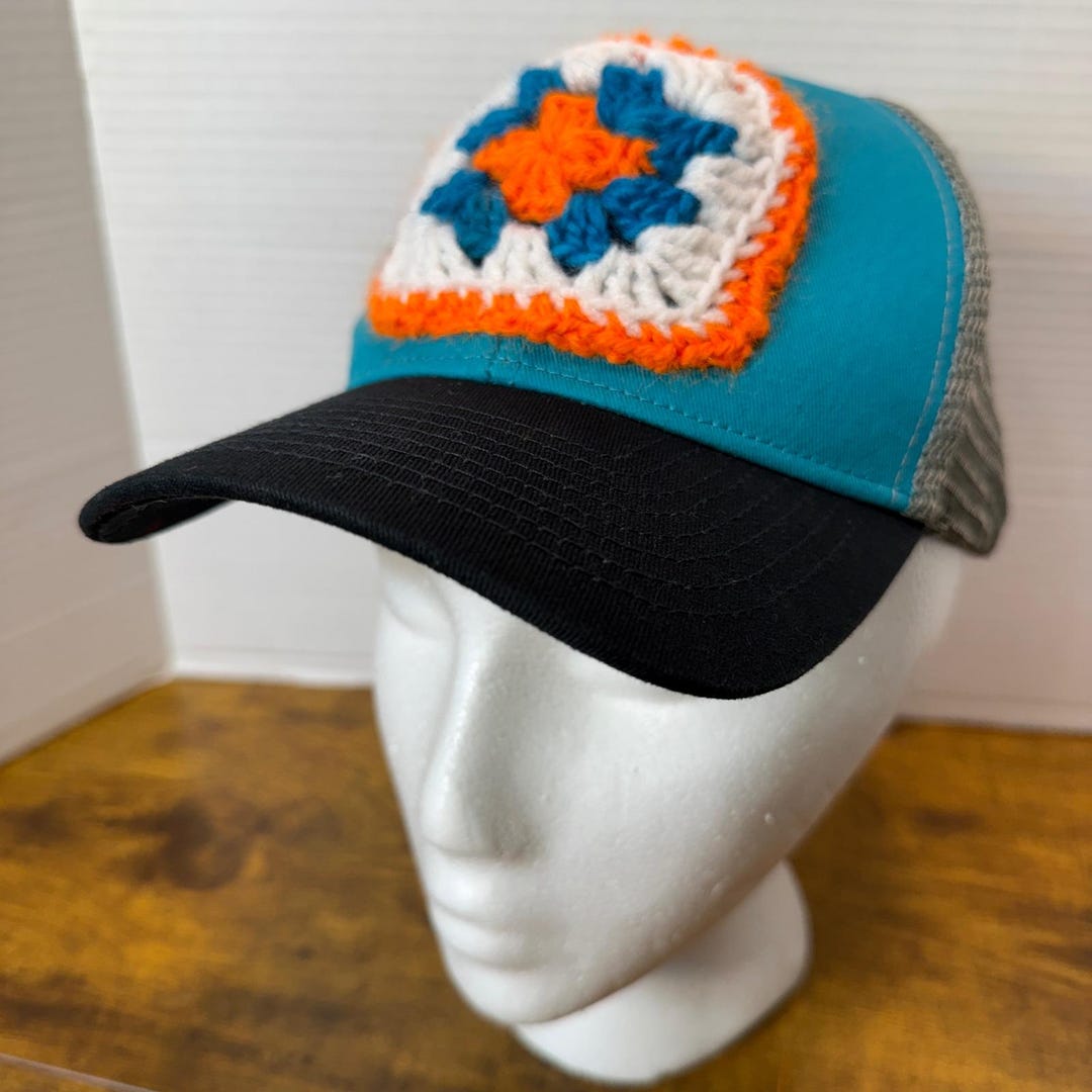 Custom Handmade Crochet Granny Square Hat Teal Gray Mesh Snapback Cap ...