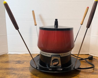 Vtg Cornwall Red Electric Fondue Pot Set Model 5234 Made in USA 4 Forks Hippie