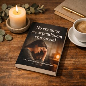 Puede incluir: Un libro titulado "No era amor, era dependencia emocional" se muestra sobre una superficie de madera, junto a una vela encendida, una taza de café y un bolígrafo. La portada del libro presenta a una mujer con la cabeza en la mano. El subtítulo del libro es "Cómo spperar el apego e sanar tu córadon".