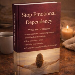 Puede incluir: Un libro titulado "Stop Emotional Dependency" con una cubierta burdeos y letras doradas. La portada presenta a una mujer con los brazos extendidos. El lomo del libro dice "Stop Etutorbenel Butomattory". Una taza y una vela están en el fondo.