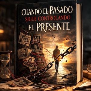 May include: A book cover with the title "CUANDO EL PASADO SIGUE CONTROLANDO EL PRESENTE" features a man walking towards a sunset. Vintage photos are attached to the cover with red string. An hourglass, glasses, and chain are also visible.