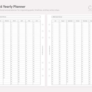 May include: A two-page spread of a 2026 yearly planner. The left page shows January through June, and the right page shows July through December. The planner is designed for organizing goals, timelines, and key action steps. The text "2026 Yearly Planner" is at the top.