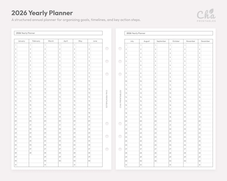May include: A two-page spread of a 2026 yearly planner. The left page shows January through June, and the right page shows July through December. The planner is designed for organizing goals, timelines, and key action steps. The text "2026 Yearly Planner" is at the top.