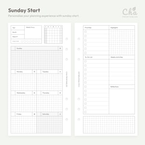 May include: A printable planner page with the text "Sunday Start." The page is divided into sections for weekly focus, daily dates, and a grid for each day of the week. Additional sections include priorities, highlights, to-do list, and reflections.
