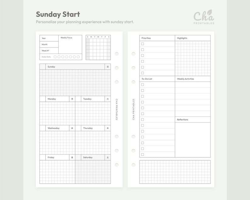 May include: A printable planner page with the text "Sunday Start." The page is divided into sections for weekly focus, daily dates, and a grid for each day of the week. Additional sections include priorities, highlights, to-do list, and reflections.