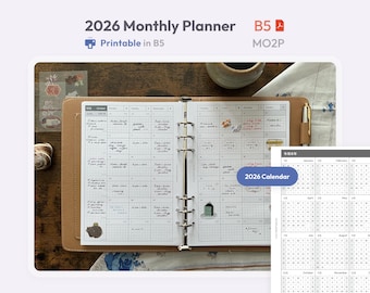 2026 Monthly Planner Inserts B5 Size Printable -  Dated Ring Binder Refill Pages Calendar - Minimal PDF MO2P Planner - Hobonichi Style