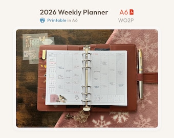 2026 Weekly Planner Inserts A6 Size Printable -  Dated Ring Binder Refill Pages Calendar - Minimal PDF WO2P - Hobonichi Style