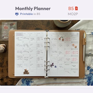 Monthly Planner Inserts B5 Printable – Undated Ring Binder Refill Pages – Month on 2 Pages – Hobonichi Style Clean Template