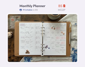 Monthly Planner Inserts B5 Printable – Undated Ring Binder Refill Pages – Month on 2 Pages – Hobonichi Style Clean Template