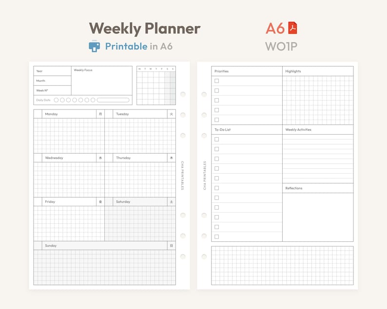 Weekly Planner Inserts A6 Size Printable - Undated Ring Binder Refill ...