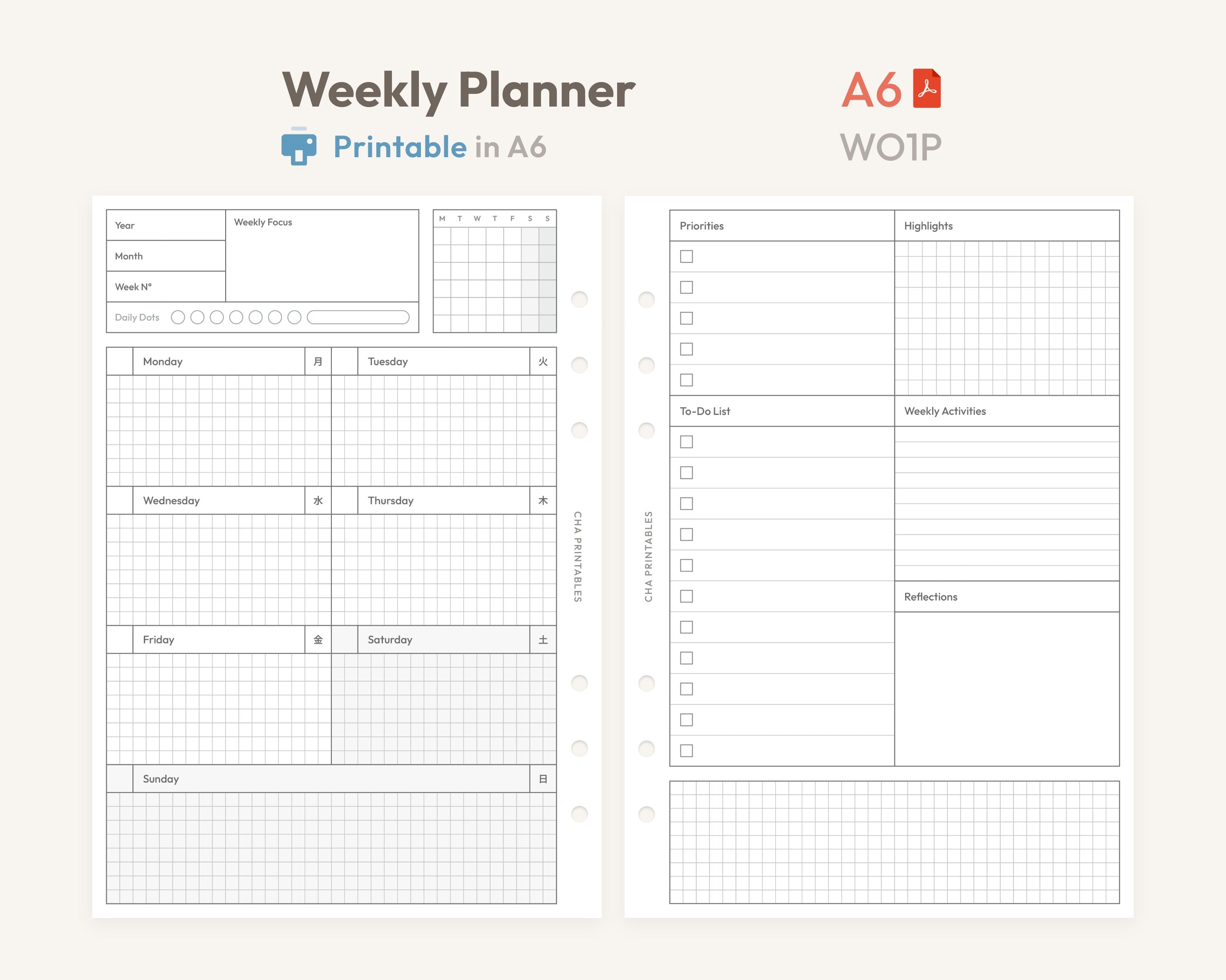 Weekly Planner Inserts A6 Size Printable - Undated Ring Binder Refill ...