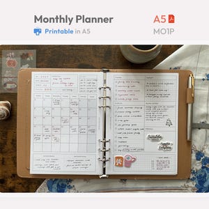 Planificador mensual imprimible tamaño A5 - Hojas de repuesto para carpeta de anillas sin fecha - Planificador minimalista PDF MO1P - Plantilla limpia estilo Hobonichi