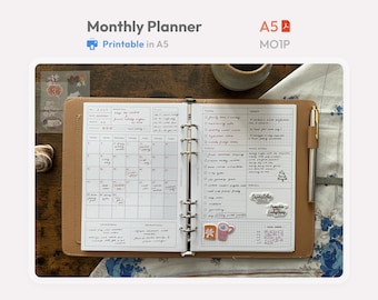 Monthly Planner Inserts A5 Size Printable -  Undated Ring Binder Refill Pages - Minimal PDF MO1P Planner - Hobonichi Style Clean Template