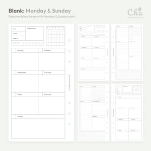 May include: White planner inserts with a Monday & Sunday start. The inserts feature blank boxes for weekly and daily planning, including sections for the year, month, and week. The text "Blank: Monday & Sunday" is at the top.