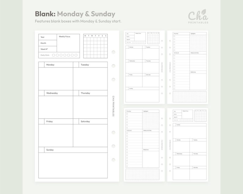 May include: White planner inserts with a Monday & Sunday start. The inserts feature blank boxes for weekly and daily planning, including sections for the year, month, and week. The text "Blank: Monday & Sunday" is at the top.