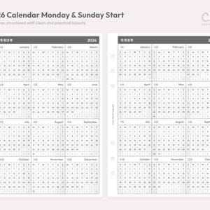May include: Two-page spread of a 2026 calendar with a Monday and Sunday start. The calendar is in a grid format with each month displayed. The text "2026 Calendar Monday & Sunday Start" is at the top. The calendar is in black and white.