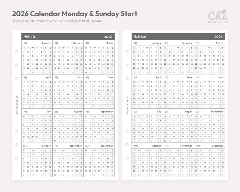 May include: Two-page spread of a 2026 calendar with a Monday and Sunday start. The calendar is in a grid format with each month displayed. The text "2026 Calendar Monday & Sunday Start" is at the top. The calendar is in black and white.