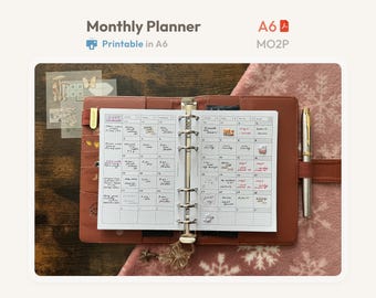 Monthly Planner Inserts A6 Printable -  Undated Ring Binder Refill Pages - Minimal PDF MO2P Planner - Hobonichi Style Clean Template