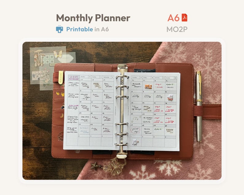 Monthly Planner Inserts A6 Printable - Undated Ring Binder Refill Pages ...