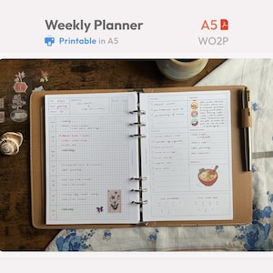 Puede incluir: Una agenda semanal A5 abierta con cubierta de color canela, que presenta un diseño de cuadrícula para las tareas diarias, una sección para prioridades, aspectos destacados y reflexiones, con notas manuscritas y pegatinas decorativas.