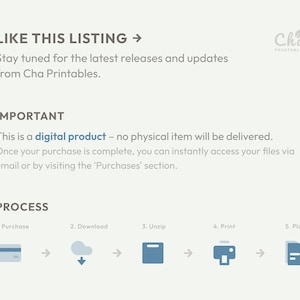 May include: A light background image with text and icons detailing the process of purchasing a digital product. The text includes "LIKE THIS LISTING", "IMPORTANT", and "PROCESS". The steps are illustrated with icons for purchase, download, unzip, print, and plan.