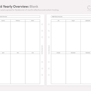May include: A blank, white 2026 yearly overview planner spread. The left page shows January through June, and the right page shows July through December. The text "2026 Yearly Overview: Blank" is at the top.